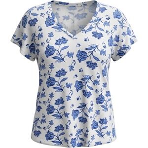Cynthia Rowley Woman Blue White Floral V-Neck Short Sleeve Top 2X